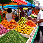 A vibrant and colorful marketplace scene filled with exotic fruits, vegetables, and spices from around the world. Quinoa, moringa, and other unusual ingredients are prominently displayed. People are sampling and purchasing the items, creating a bustling and lively atmosphere. Focus on capturing the richness of textures and colors.