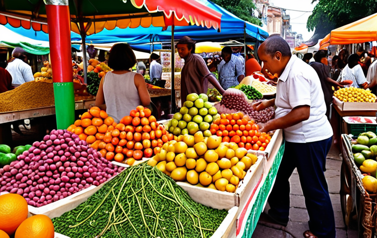 A vibrant and colorful marketplace scene filled with exotic fruits, vegetables, and spices from around the world. Quinoa, moringa, and other unusual ingredients are prominently displayed. People are sampling and purchasing the items, creating a bustling and lively atmosphere. Focus on capturing the richness of textures and colors.