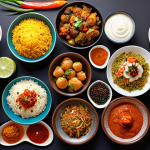 ** A colorful spread of diverse multicultural dishes, highlighting Asian, European, and Latin American cuisines, arranged on a table with vibrant spices and ingredients.

**