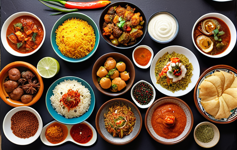 ** A colorful spread of diverse multicultural dishes, highlighting Asian, European, and Latin American cuisines, arranged on a table with vibrant spices and ingredients.

**