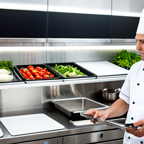A professional male chef in a clean white chef's uniform, fully clothed, appropriate attire, standing in a sleek, modern kitchen with stainless steel surfaces and digital screens. He is observing a smart cooking appliance, which shows real-time temperature data on its display. In the foreground, neatly organized, locally sourced vegetables are visible, emphasizing sustainable practices and zero-waste. The chef has a focused, thoughtful expression, embodying efficiency and innovation. safe for work, appropriate content, professional, perfect anatomy, correct proportions, natural pose, well-formed hands, proper finger count, natural body proportions, high quality, professional photography, soft studio lighting.