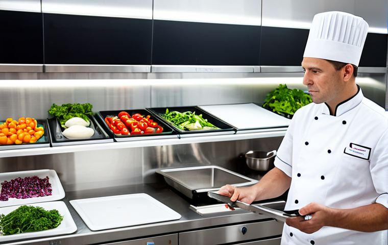 A professional male chef in a clean white chef's uniform, fully clothed, appropriate attire, standing in a sleek, modern kitchen with stainless steel surfaces and digital screens. He is observing a smart cooking appliance, which shows real-time temperature data on its display. In the foreground, neatly organized, locally sourced vegetables are visible, emphasizing sustainable practices and zero-waste. The chef has a focused, thoughtful expression, embodying efficiency and innovation. safe for work, appropriate content, professional, perfect anatomy, correct proportions, natural pose, well-formed hands, proper finger count, natural body proportions, high quality, professional photography, soft studio lighting.