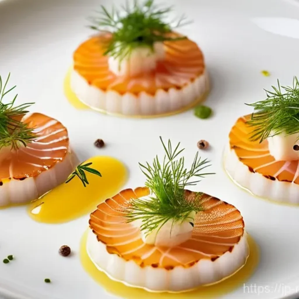 다문화 요리사와 지역 특산물 활용 - **Prompt 1: Elegant Hokkaido Scallop Carpaccio with Citrus and Herbs**
A close-up, top-down shot...