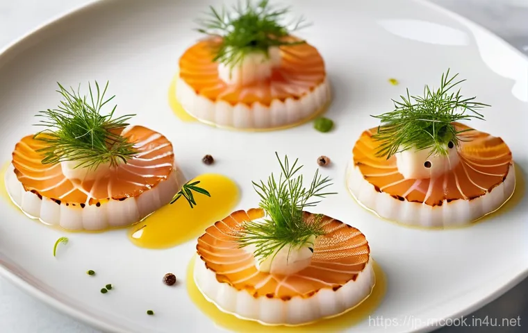 다문화 요리사와 지역 특산물 활용 - **Prompt 1: Elegant Hokkaido Scallop Carpaccio with Citrus and Herbs**
    A close-up, top-down shot...