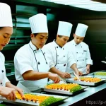 다문화 요리사의 고용 안정성 - **A dynamic, brightly lit modern kitchen in a Japanese restaurant.** Several chefs of diverse ethnic...