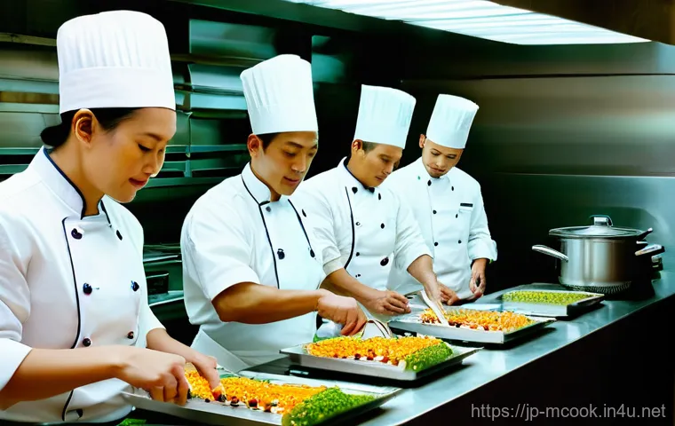 다문화 요리사의 고용 안정성 - **A dynamic, brightly lit modern kitchen in a Japanese restaurant.** Several chefs of diverse ethnic...
