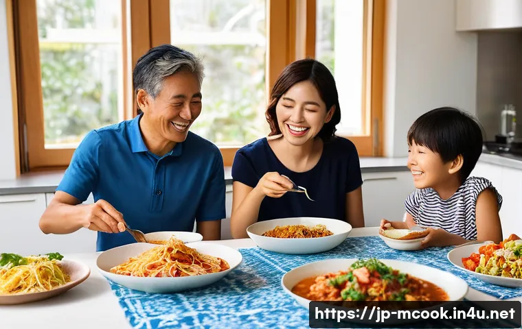다문화 요리사와 플랜트 기반 요리 - **A Vibrant Multicultural Family Feast at Home:**
    "A heartwarming scene of a Japanese family, in...