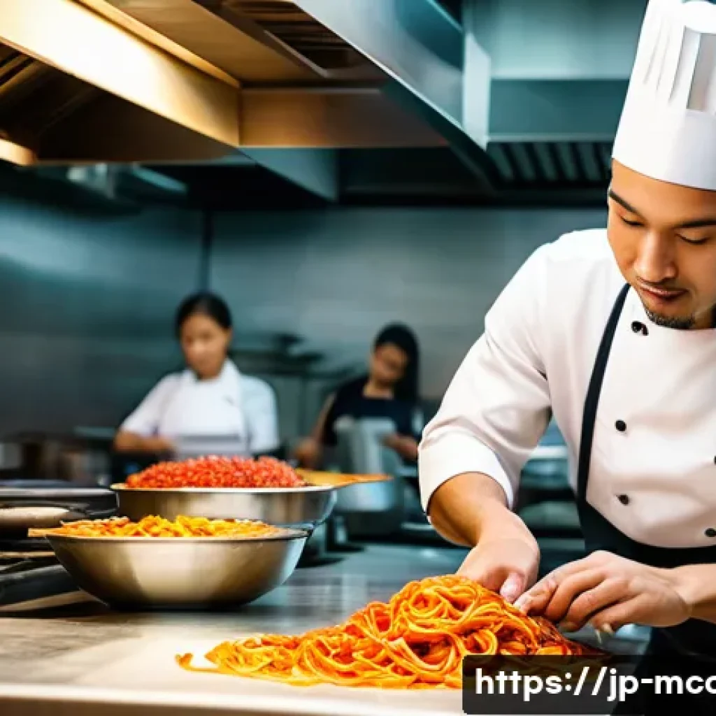 다문화 요리사 자격증 관련 FAQ - A professional multicultural chef in a modern kitchen, preparing a vibrant array of international di...