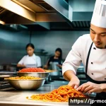 다문화 요리사 자격증 관련 FAQ - A professional multicultural chef in a modern kitchen, preparing a vibrant array of international di...