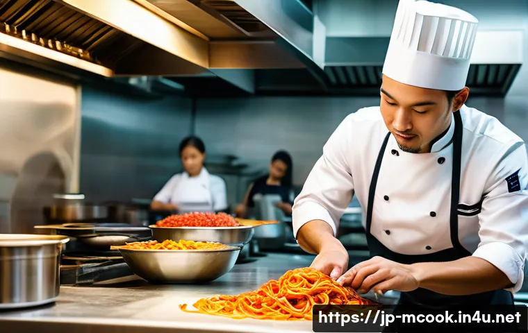 다문화 요리사 자격증 관련 FAQ - A professional multicultural chef in a modern kitchen, preparing a vibrant array of international di...