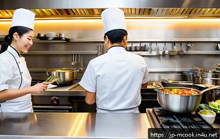 다문화 요리사로 이직하기 좋은 회사 - A vibrant multicultural restaurant kitchen scene featuring a diverse team of chefs from Asia, Europe...