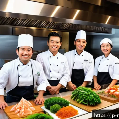 다문화 요리사와 스타 셰프 인터뷰 - A bustling multicultural kitchen scene in a modern Japanese restaurant, showcasing diverse chefs wea...