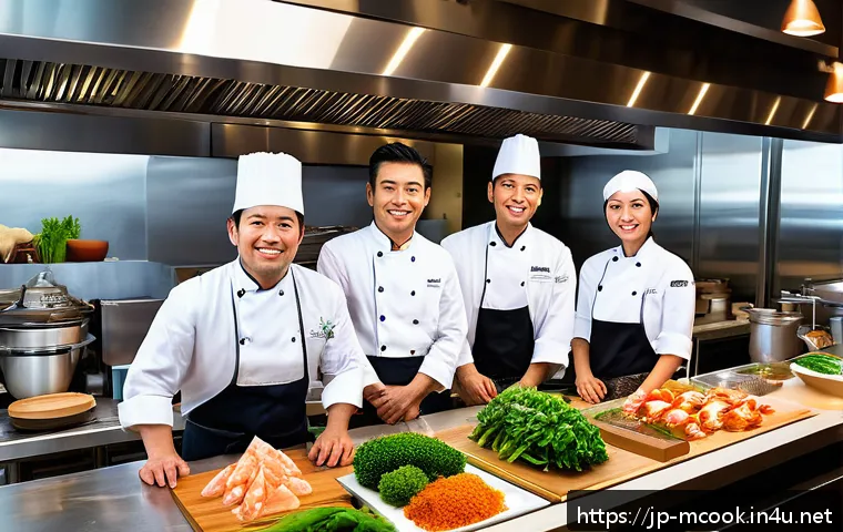 다문화 요리사와 스타 셰프 인터뷰 - A bustling multicultural kitchen scene in a modern Japanese restaurant, showcasing diverse chefs wea...