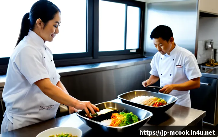 다문화 요리사 실무 사례 - Photorealistic multicultural chef team preparing a Japanese-inspired lunch service in a bright profe...