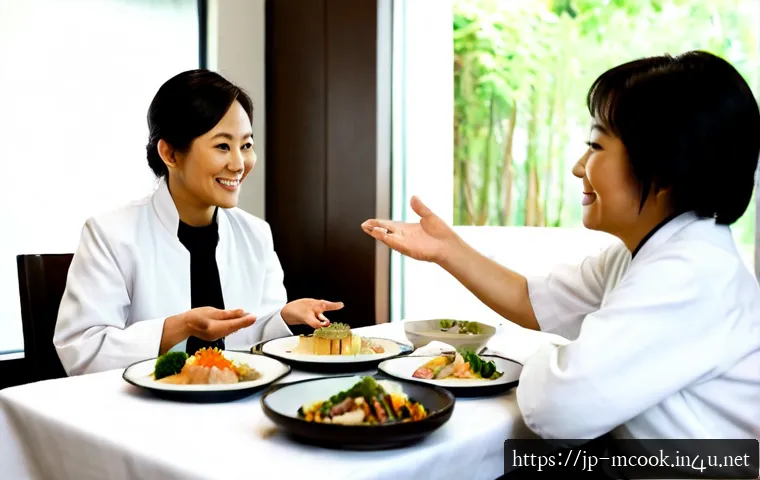 다문화 요리사로서의 고객 커뮤니케이션 - Photorealistic restaurant scene of a multicultural chef in a clean white jacket warmly discussing a ...